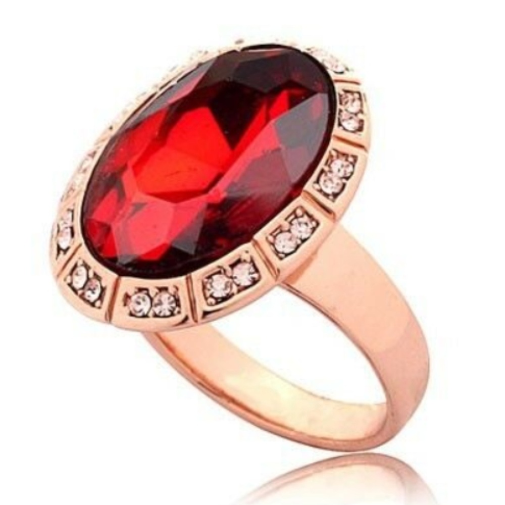 Rose Gold Art Deco Garnet Cocktail Ring Size 8 9 Red Cubic Zirconia Plated